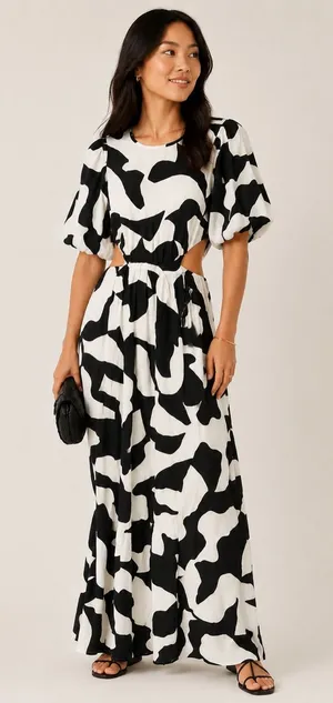 Abercrombie & Fitch Black White Short Sleeve Cutout Maxi Dress S thumbnail 1