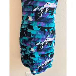 Adrianna Papell‎ Sheath Dress 6 Teal Purple Abstract Shutter Pleat Cocktail thumbnail 6