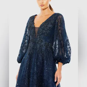 Mac Duggal 20391‎ Embellished Plunge Neck Bishop Sleeve Dress Sz 4 Midnight thumbnail 2