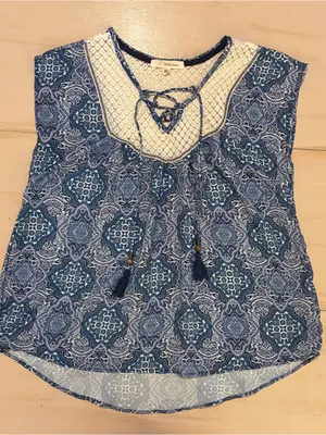 Rewind Indigo Blue Printed Crochet Yoke Tie-Front Blouse thumbnail 1