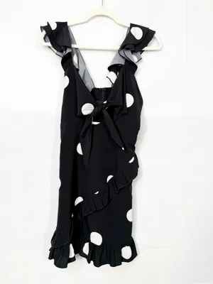 SNDYS. Morocco Mini Dress Black White Polka Dot Front Tie Cutout thumbnail 3
