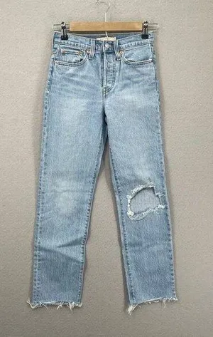 Levis Jeans Womens 24 Light Blue Wedgie Straight Distressed Button Fly Raw Hem thumbnail 1