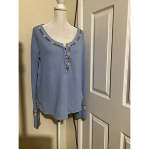 We The Free Free People Blue Waffle Knit Thermal Henley Embroidered Trim Top L thumbnail 2