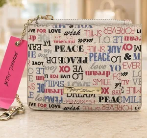 Betsey Johnson Multicolor Word Print Zip Card Holder Keychain Wallet NWT thumbnail 1