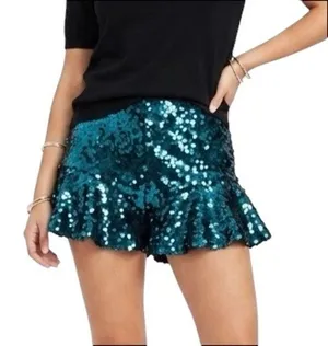 Lovers + Friends Ruffle Trim Teal Green Sequin Shorts Size Medium thumbnail 1