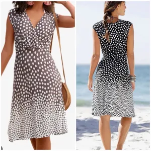 LASCANA Polka Dot Faux Wrap Midi Dress 6 Brown White Retro Pinup thumbnail 2