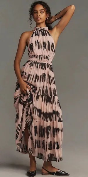 Anthropologie The Somerset Maxi Dress Halter Tiered Pink Black Tie Dye Size S thumbnail 1
