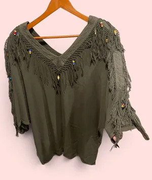 Cute vintage 80s olive beaded fringe oversized v tunic morocco boho festival thumbnail 1