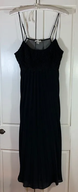 Flora Black Crochet Lace Pleated Long Dress Womens‎ Medium Adjustable Straps LBD thumbnail 1