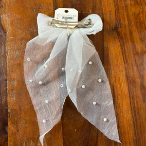 Altar'd State White Sheer Mesh Pearl Hair Bow Barrette Long Tail Bridal Coquette thumbnail 5