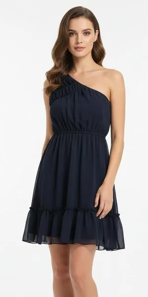 YA Los Angeles Navy Blue One Shoulder Ruched Chiffon Mini Dress‎ Small thumbnail 1
