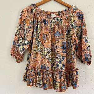 🦋 Melloday Off the Shoulder Orange Yellow Paisley Mid Sleeve Boho Blouse Medium thumbnail 1