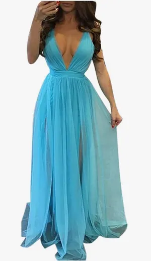 Long Tulle Evening Aqua V-Neck Halter Dress with Slit Bridesmaid Wedding thumbnail 1