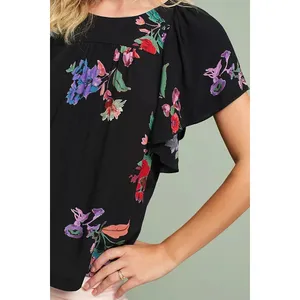 Maeve Black Floral Blouse Top Flowy Short Sleeve Top Size Large thumbnail 3