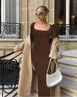 NEW Brown Bodycon Ribbed Long Sleeve Square Neck Maxi Dress XS thumbnail 6