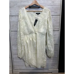Lulus Cream Jacquard Long Sleeve Mini Dress Metallic Gold Floral Shimmer M thumbnail 2