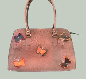 Floral Tooled Leather Satchel Handbag‎ 3D Butterfly Applique Brown Boho Tote thumbnail 1
