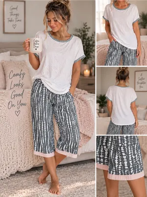 Secret Treasures White Short Sleeve Top with Gray Patterned Capris and Pink Trim thumbnail 2