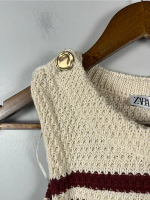 Zara Striped Sleeveless chunky knit Sweater cream/brown/gold NWT size medium thumbnail 3