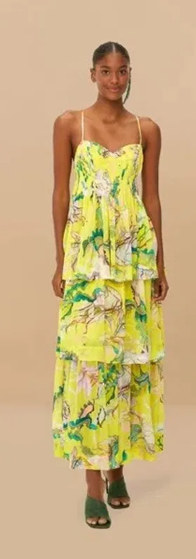 NWT Farm Rio Jellyfish Bouquet Yellow Sleeveless Tiered Maxi Dress Event Large thumbnail 1