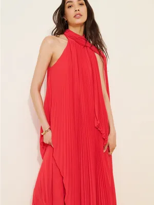 BHLDN Rosie High-Neck Pleated Chiffon Maxi Dress Red Gown Size small thumbnail 3