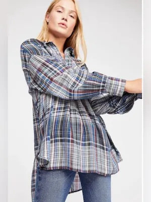 Free People Rain is Days Plaid Buttondown Shirt Size Large thumbnail 2