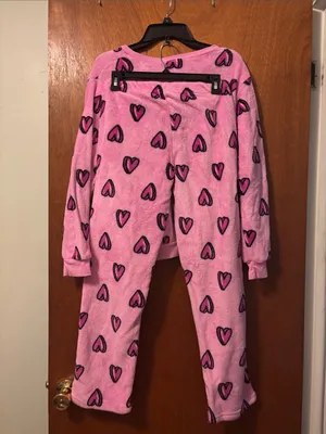 Juniors Pink Heart-Print Fleece Pajama Set thumbnail 2