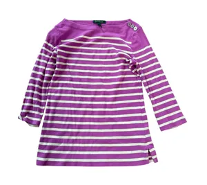 Lauren Ralph Lauren Purple White Striped Boat Neck 3/4‎ Sleeve Top Medium thumbnail 1