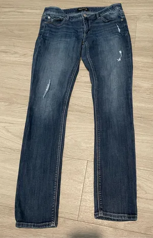 Express Dark Wash Skinny Jeans with Light Distressing thumbnail 1