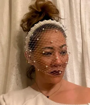 Hand made pearl headband with veil also with pearl embellishment thumbnail 2