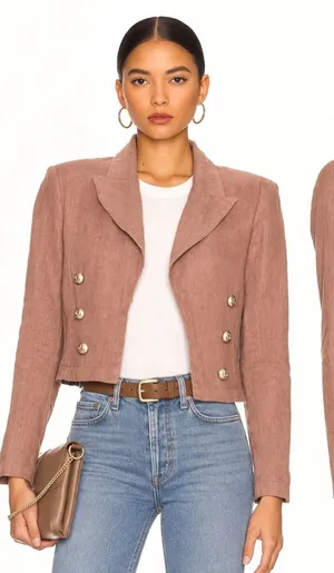 L'AGENCE Womens M Linen Blazer Pink Cropped Double Breasted Gold Button Jacket thumbnail 1