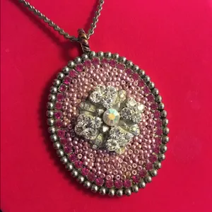 Vintage Pink Crystal Floral Statement Pendant Necklace Silver Tone 16” thumbnail 6
