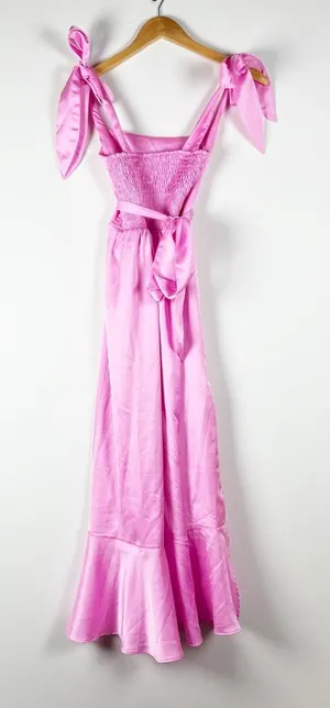 Show Me Your Mumu Garden Midi Dress Ruffle Square Neck Pink Luxe Satin Small thumbnail 1