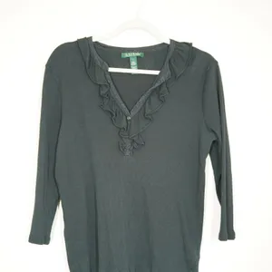Lauren Ralph Lauren Size Large Black Ruffle V-Neck Ribbed Knit Top 3/4 Sleeve thumbnail 2