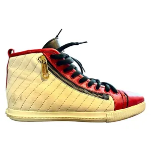 Miu Miu Prada Red White & Black Pointed Toe High Top Nappa Biker Sneakers thumbnail 5