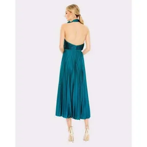 Ieena for Mac Duggal 26909 Pleated High Neck Kitten Bow Midi Dress Teal 8 thumbnail 3