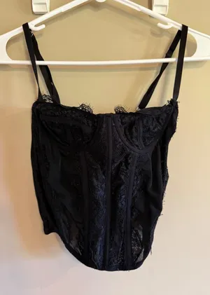 Black Lace Corset Top Underwire Eyelash Trim Mesh Bustier Hook Eye Closure Women thumbnail 1