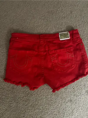 True Religion Red Denim Frayed Hem Shorts thumbnail 2