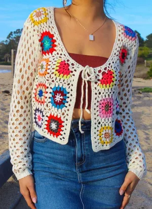 Women’s Crochet Cardigan - Ivory/Multi size S thumbnail 1