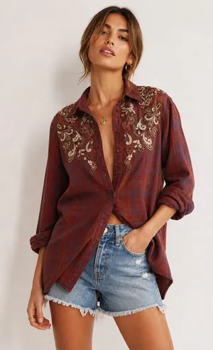 NWOT Free People Embroidered Plaid Tunic Shirt Boho Medium thumbnail 1