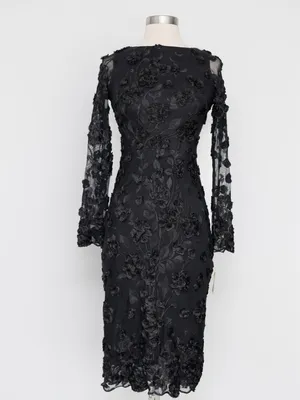 AQUA Formal - Black 3D‎ Floral Appliqué Sheer Sleeve Midi Dress thumbnail 2