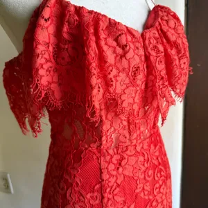 NBD x NAVEN | Allie Red Orange Lace Cocktail Dress Off Shoulder Sheer | Small thumbnail 4