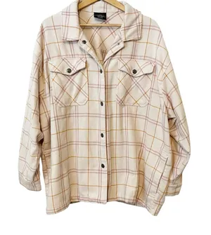 HFX Pink Orange Cream Plaid Snap Up Long Sleeve Shacket Jacket‎ Women’s Size XXL thumbnail 1