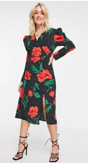 Girl In Mind Alana Puff Shoulder Midi Dress Black Red‎ Floral Polka Dot US 12 thumbnail 1