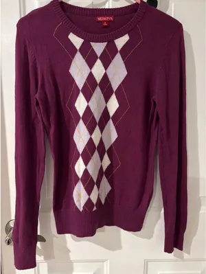 Merona Purple Argyle Long Sleeve‎ Sweater, Size Small, Classic Knit Top thumbnail 1