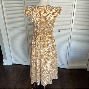 THML midi dress brown white line print ruffle sleeve smocked medium thumbnail 3