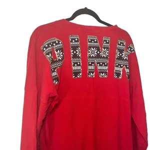 PINK - Victoria's Secret VS Pink Red Fair Isle Sequin Varsity Crew thumbnail 5