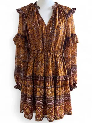 House of Harlow 1960 Wallis Rust Multi Floral Smocked Ruffle Mini Dress Size S thumbnail 1
