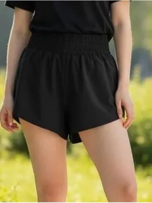 Offline By Aerie Black Smocked Waistband Running Athletic High Waist Shorts thumbnail 1