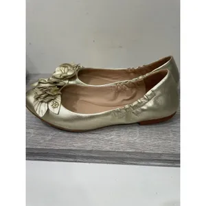 Tory Burch Minnie Travel Ballet‎ Flats Gold Metallic Leather Flower Womens 6.5 thumbnail 2